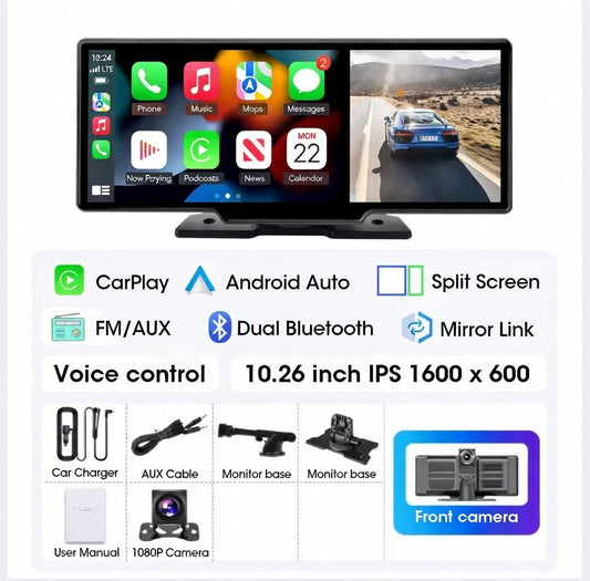CarPlay & Android Auto Sans Fil - Écran 10.26" + Dash Cam 4K et accessoire